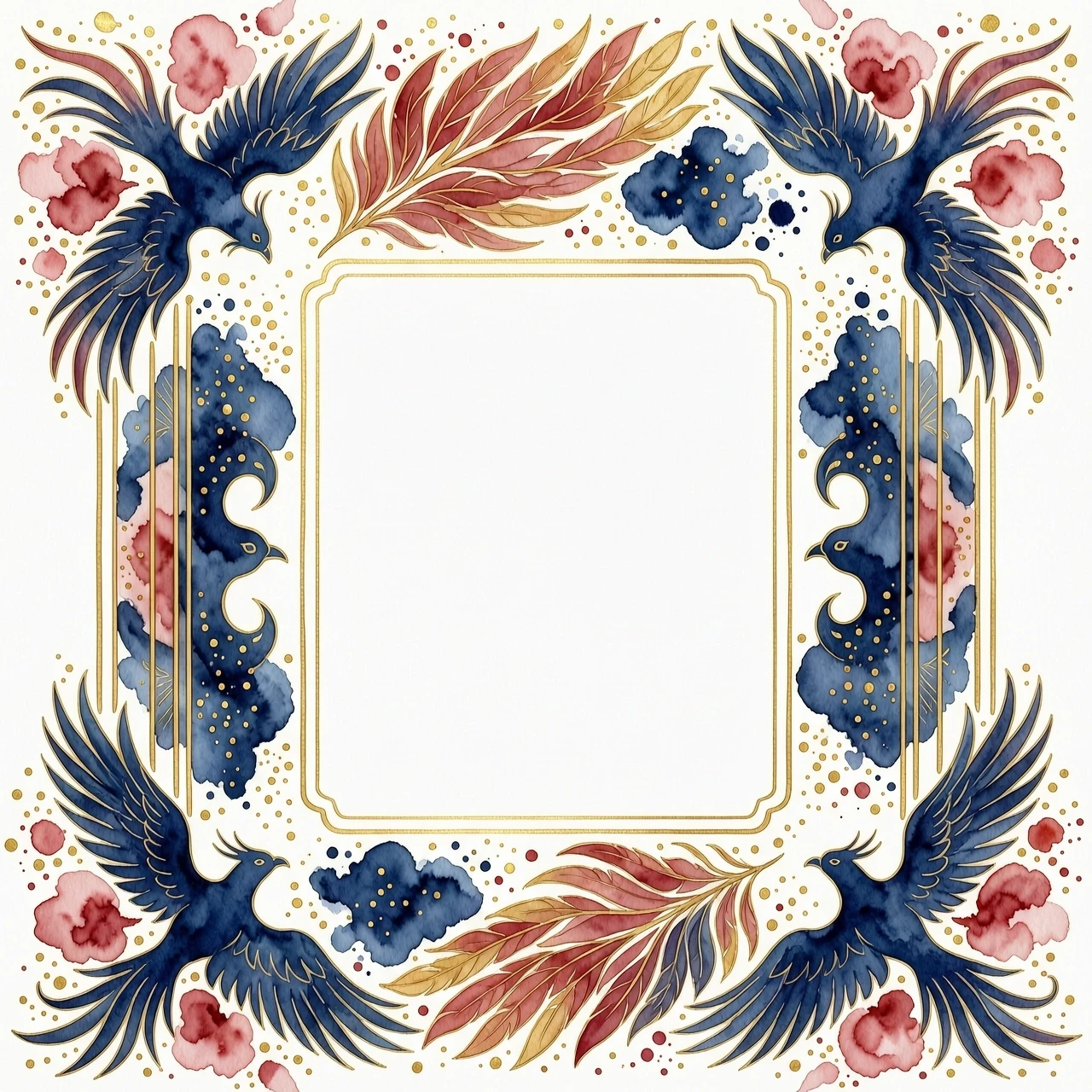 A beautiful watercolor border for a postcard, abstract firebird shape, soft red, gold and deep blue colors, artistic paint splashes, delicate gold lines, empty center for text,…