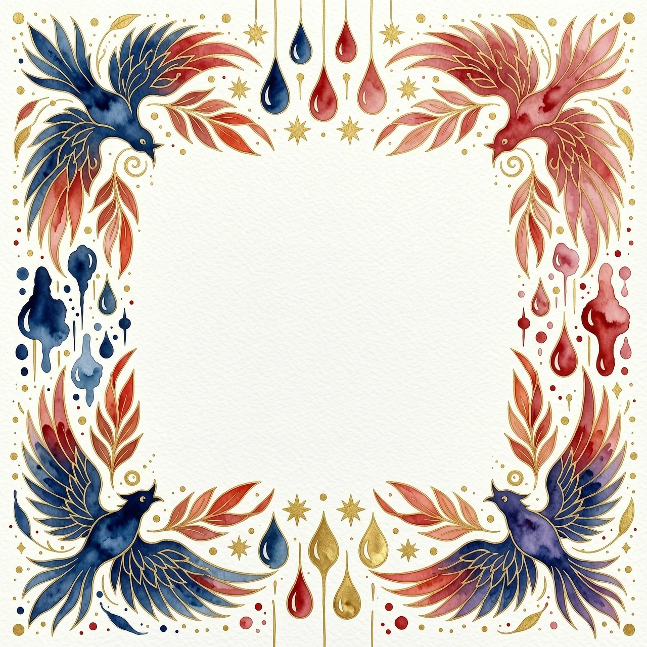 A beautiful watercolor border for a postcard, abstract firebird shape, soft red, gold and deep blue colors, artistic paint splashes, delicate gold lines, empty center for text,…