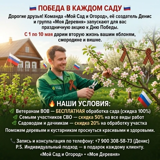 Нужно Создать листовку для группы в соцсети по акции ниже. на картинке должны быть цветы яблони и георгиевская лента. 🇷🇺 ПОБЕДА В КАЖДОМ САДУ 🇷🇺Дорогие друзья! Команда «Мой…