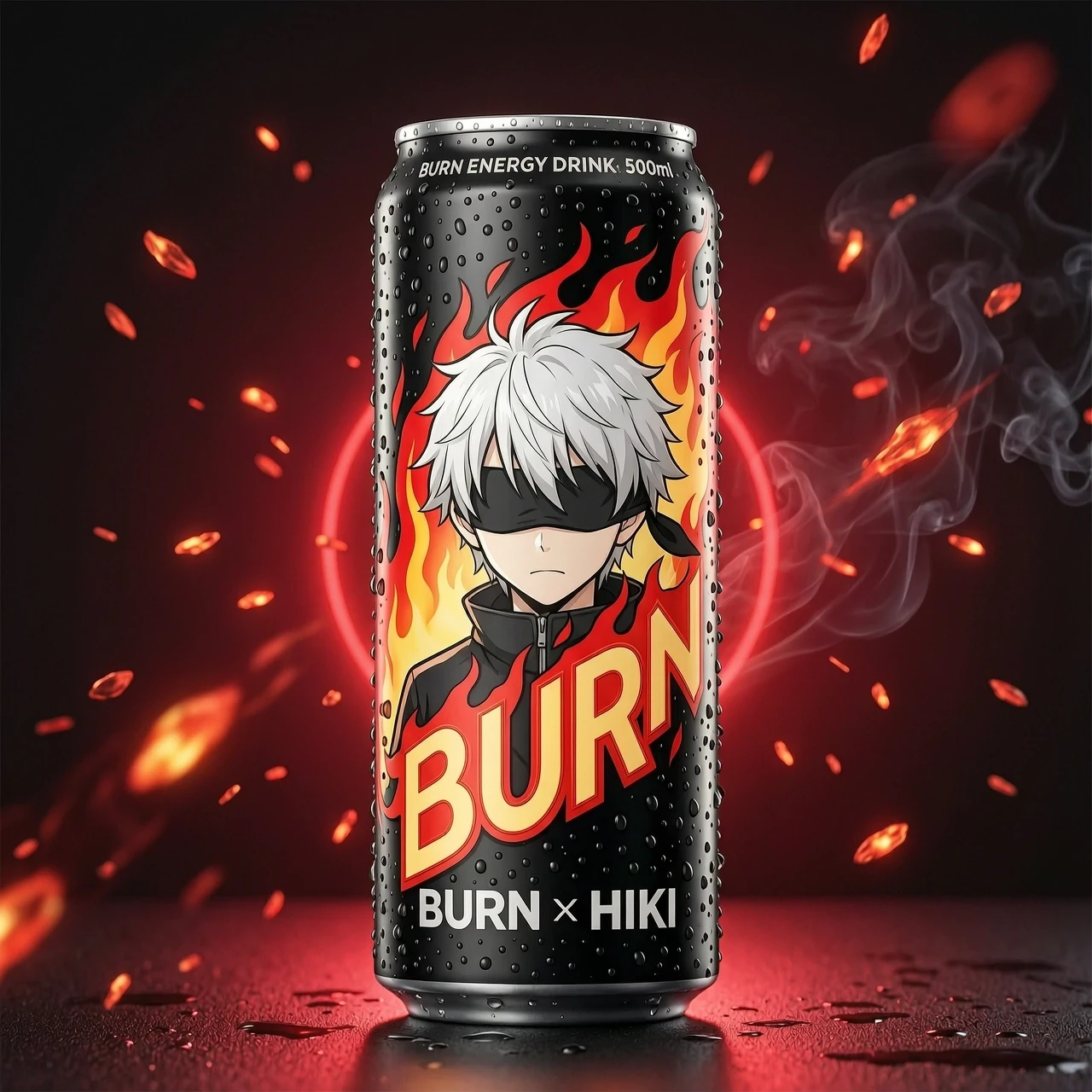 Commercial product photography of a sleek 500ml aluminum energy drink can, matte black finish covered in cold condensation droplets. Printed on the front of the can is a cool…