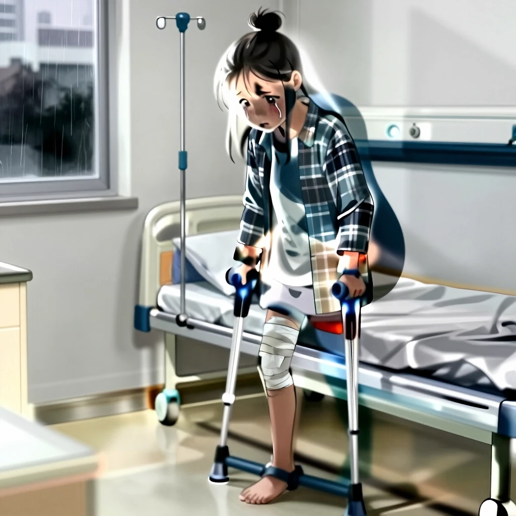 A sad young girl on crutches, barefoot, with one leg, is standing in a hospital room. She is wearing a long plaid shirt that reaches to the upper third of her thigh, and shorts;…