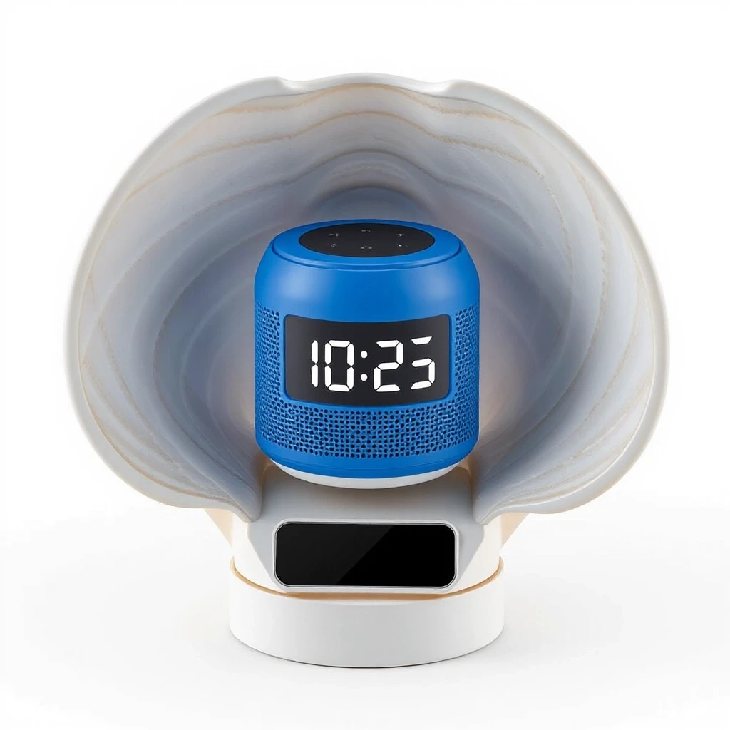 3D product visualization, a smart speaker shaped like a short wide cylinder (its height 65mm, diameter 90mm), bright blue color, sitting inside a seashell stand made of TWO…