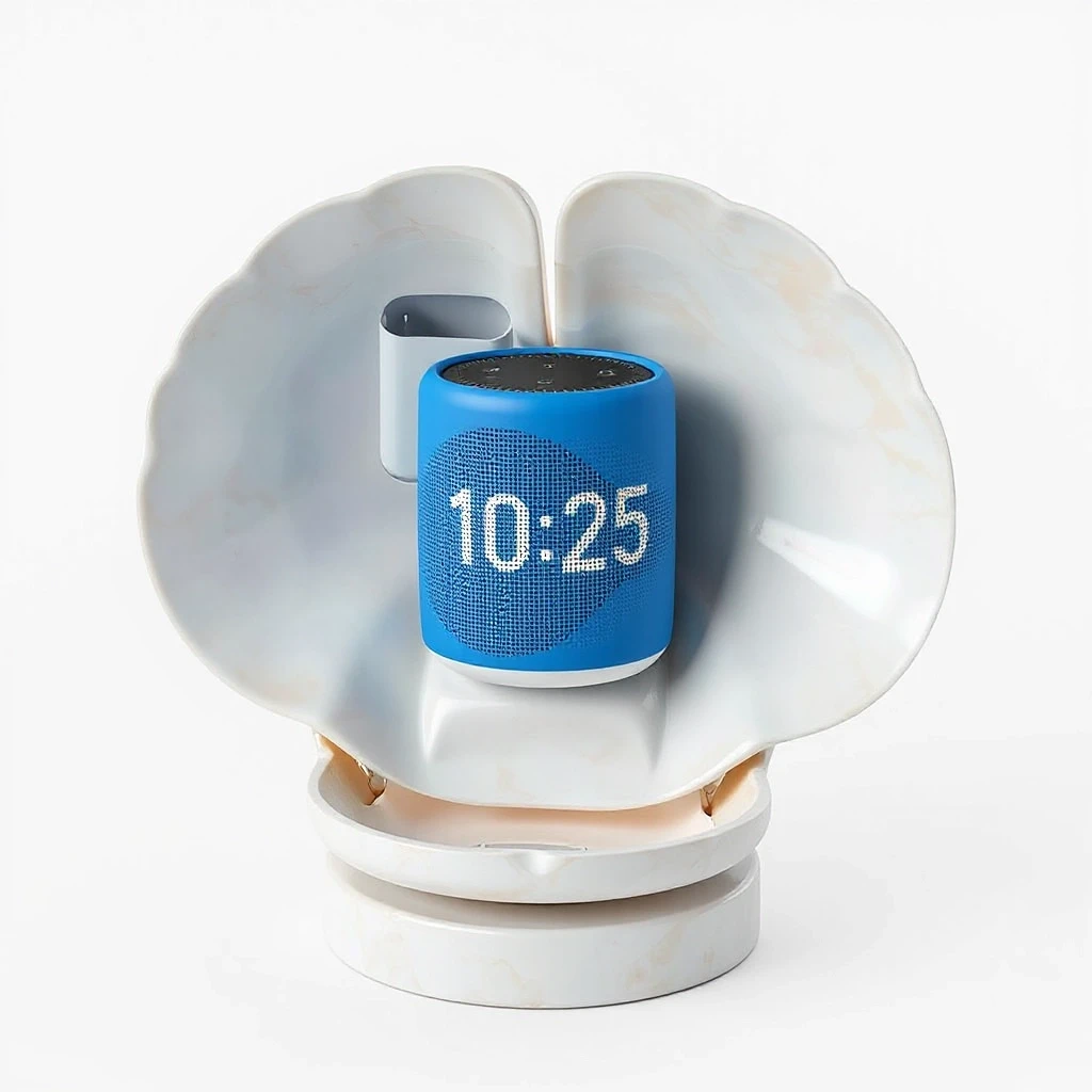 3D product visualization, a smart speaker shaped like a short wide cylinder (its height 65mm, diameter 90mm), bright blue color, sitting inside a seashell stand made of TWO…