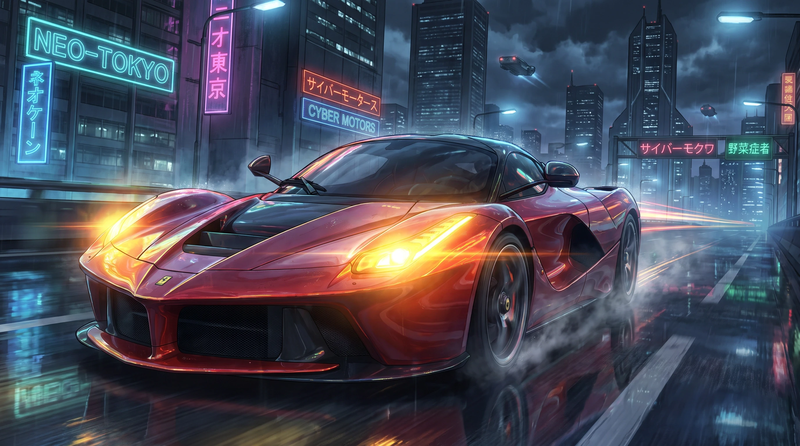 Ferrari LaFerrari, едет по дороге, эпичный ракурс, горящие фары, шедевр, крупный план, стиль аниме с реалистичными деталями, киберпанк, — работа пользователя Весенний Герой