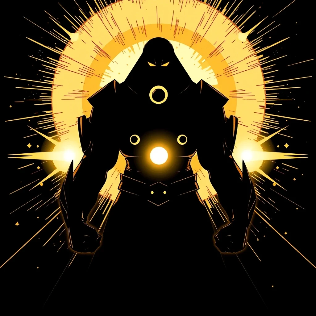 A human silhouette protected by a massive golden sphere of light, deflecting dark energy blasts, comic book style with cinematic dramatic lighting, dark graphic novel aesthetic,…