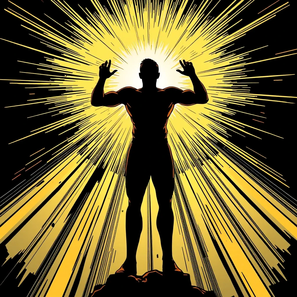 A human silhouette protected by a massive golden sphere of light, deflecting dark energy blasts, comic book style with cinematic dramatic lighting, dark graphic novel aesthetic,…