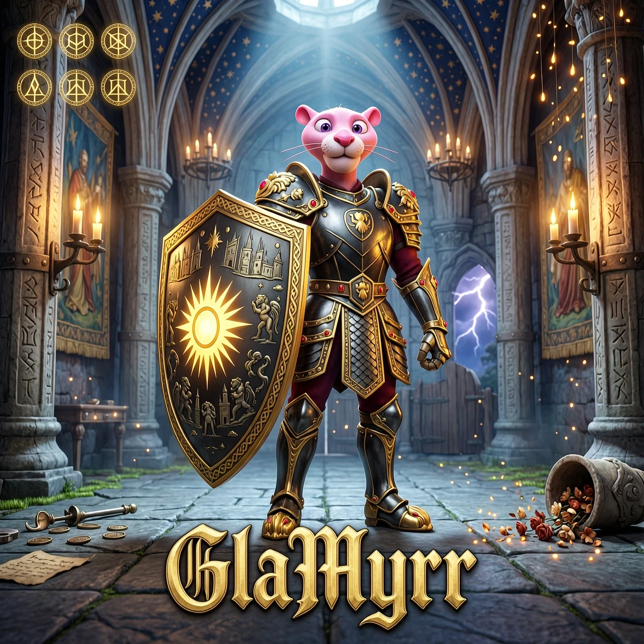 Pink Panther character in a stylized, heroic 3D render, cinematic animation style inspired by modern high-end video games. The Pink Panther stands in a powerful, majestic pose,…