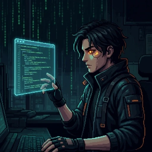 High-quality detailed pixel art, side profile of a stylish character with glowing cybernetic eyes looking at a floating holographic code screen. Dark techwear aesthetic, deep…