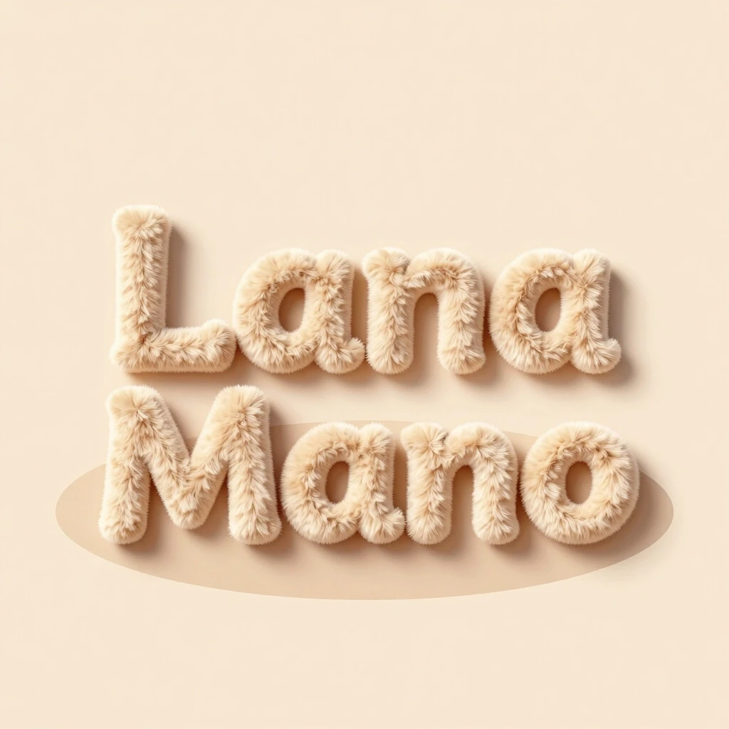 LanaMano logo, two lines: Lana on the first line, Mano on the second line; plush chenille typography, beige fur texture, soft rounded letters, warm beige background like the…