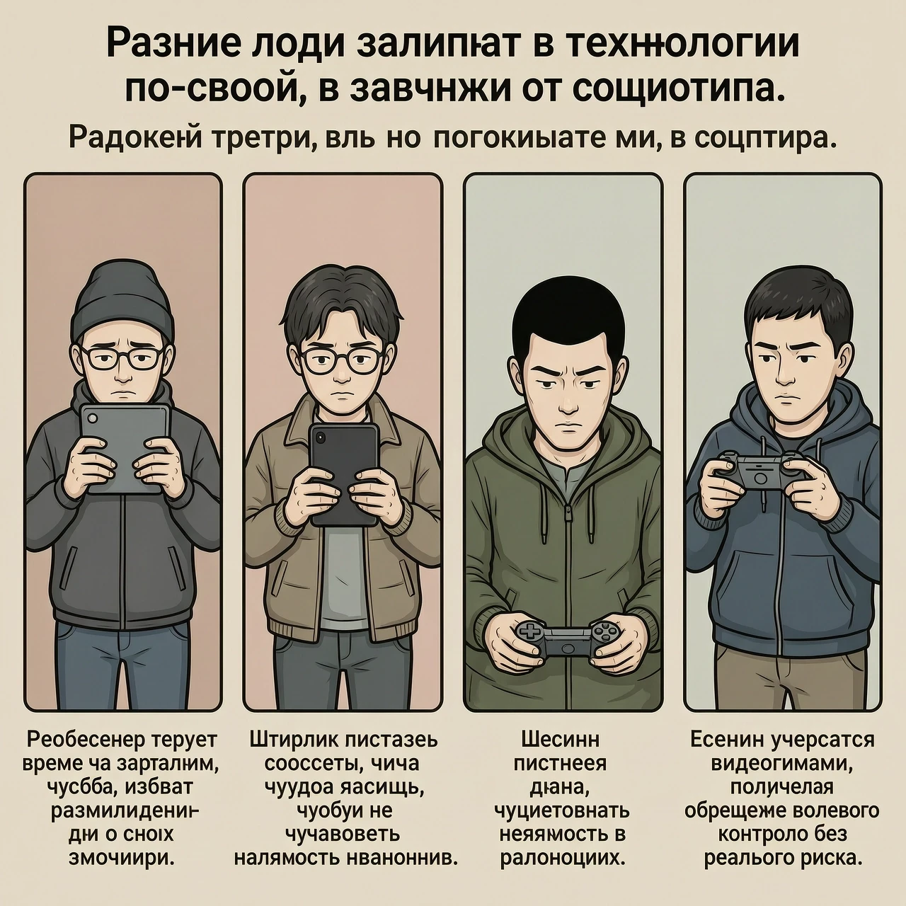 Сделай картинку для поста: Разные люди залипают в технологии по-своему, в зависимости от социотипа. Робеспьер теряет время за сериалами, чтобы избежать размышлений о своих…