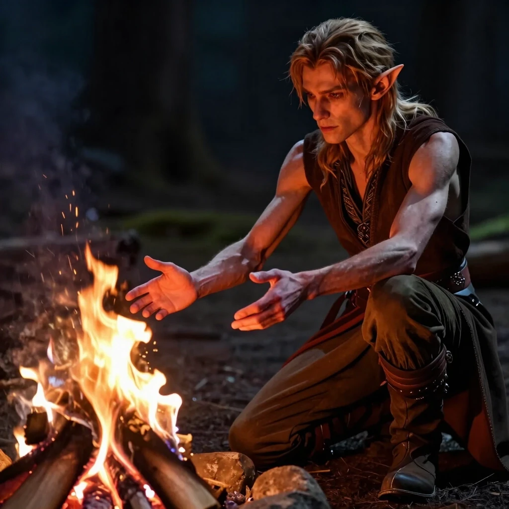 A slender, thin male elf is sitting on the ground, kneeling in front of a small campfire, and he is extending his hands toward it, palms facing the fire, to warm himself. —…
