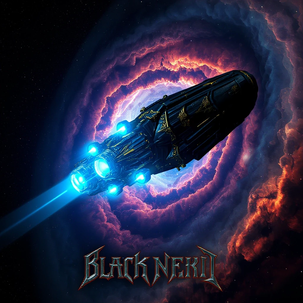 A massive ancient spaceship with glowing blue engines and golden gothic ornaments is flying directly into the heart of a vibrant, swirling nebula. The nebula looks like a cosmic…