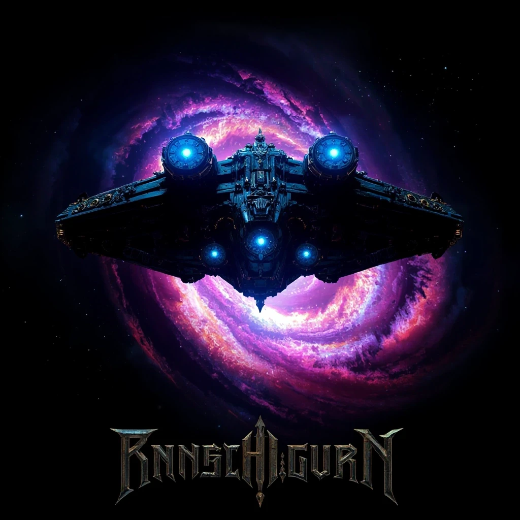 A massive ancient spaceship with glowing blue engines and golden gothic ornaments is flying directly into the heart of a vibrant, swirling nebula. The nebula looks like a cosmic…