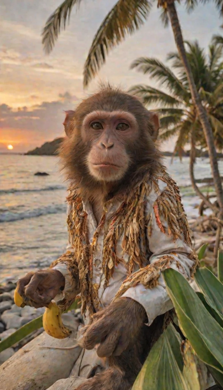 A comical picture. A monkey dressed in clothes is sitting in the palm tree leaves with a banana in its hand, surrounded by a colorful sunset on the ocean coast — работа…