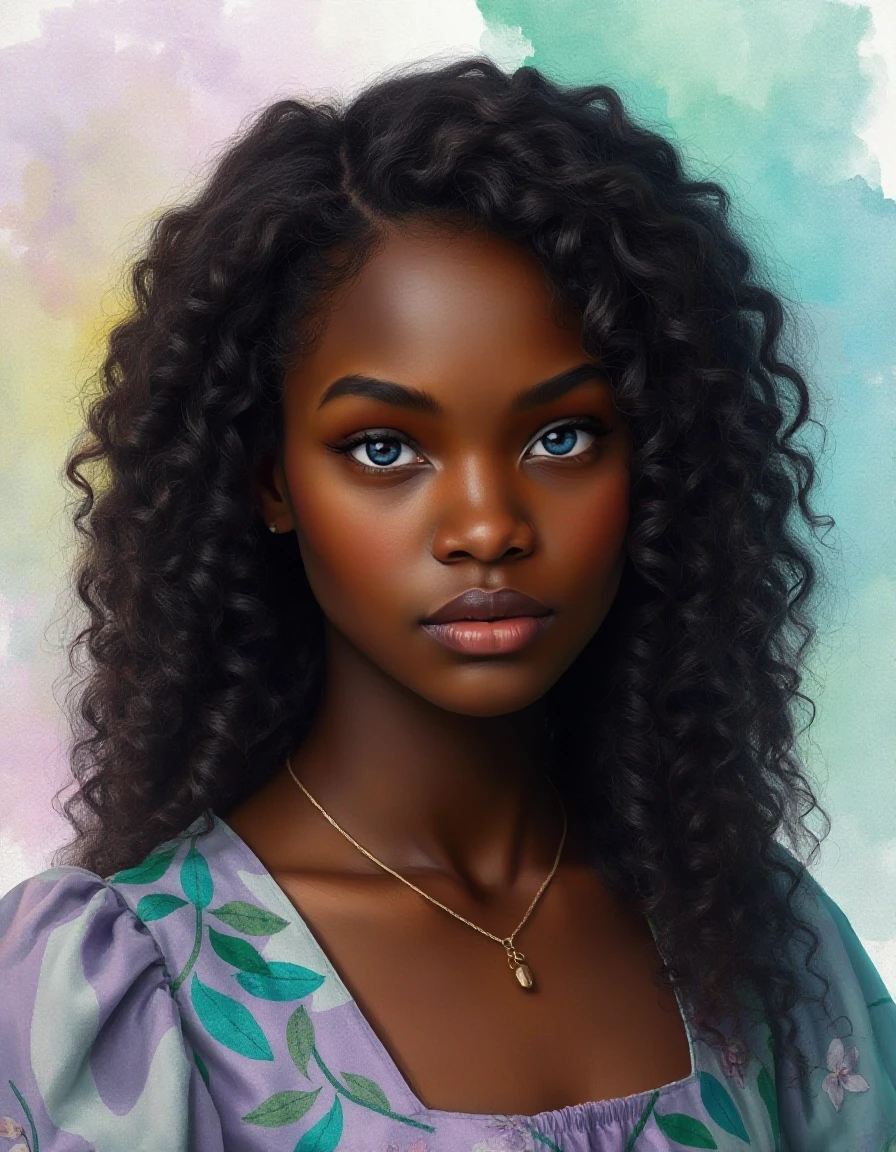 Photorealistic. A young mulatto woman with luxurious, long, curly dark brown hair and delicate, realistic, dark skin. Blue eyes. A thin chain with a pendant around the neck. A…