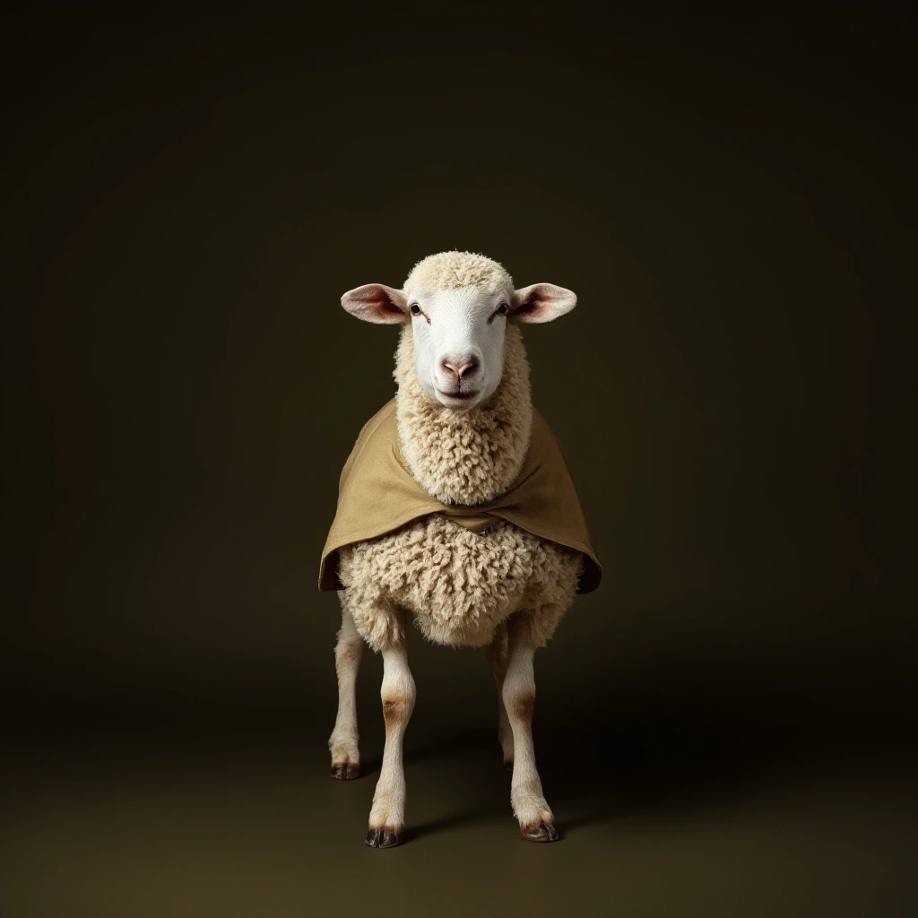 Draw a symmetrical frontal frame in the style of Wes Anderson for the A6 format. In the center is a full—length sheep (in a relaxed pose), with a light olive—colored cape on her…