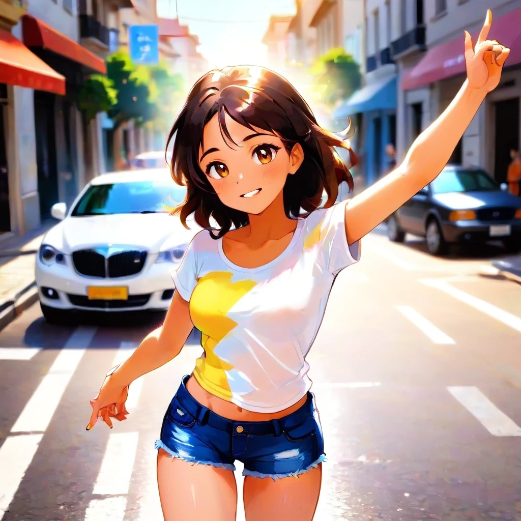 Pretty brazil girl is dancing at the street. Around she expensive car. Bright and sunny. Lots of pleasant light and warm tones. Denim shorts — работа пользователя Искрящаяся Лава