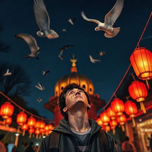 картина, ночь, фонари, голубятня, молодой мужчина смотрит в небо, гле кружат голуби. — работа пользователя Ошеломляющий Акселератор