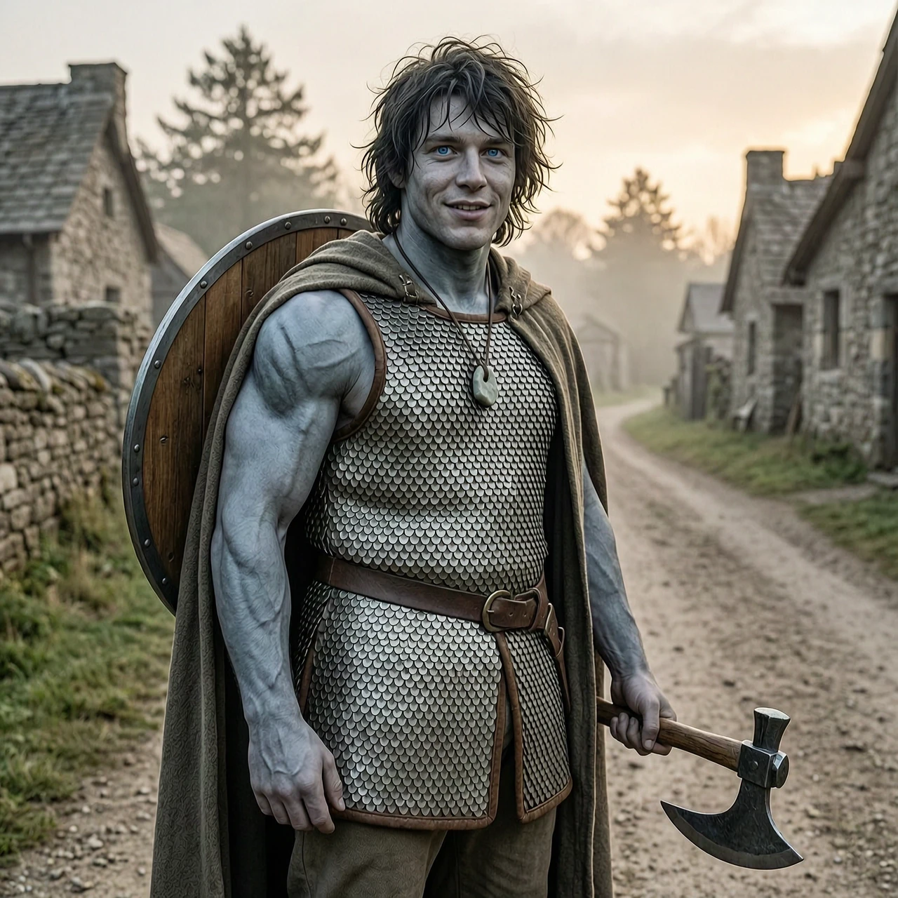 Fantasy character art, portrait of a young male half-goliath half-human adventurer, about 25 human years old. He has a massive, sturdy, muscular build and broad shoulders, but…