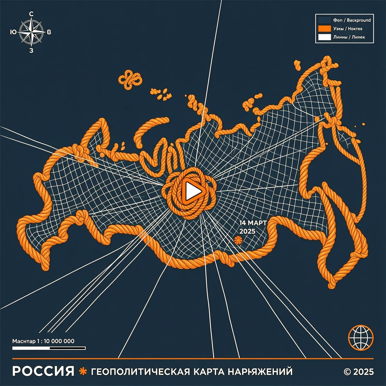 Контур карты России, составленный из туго натянутых верёвок. В местах крупных городов (Москва, Питер, Крым, Кавказ, Урал) верёвки завязываются в узлы-точки. Из каждого узла…