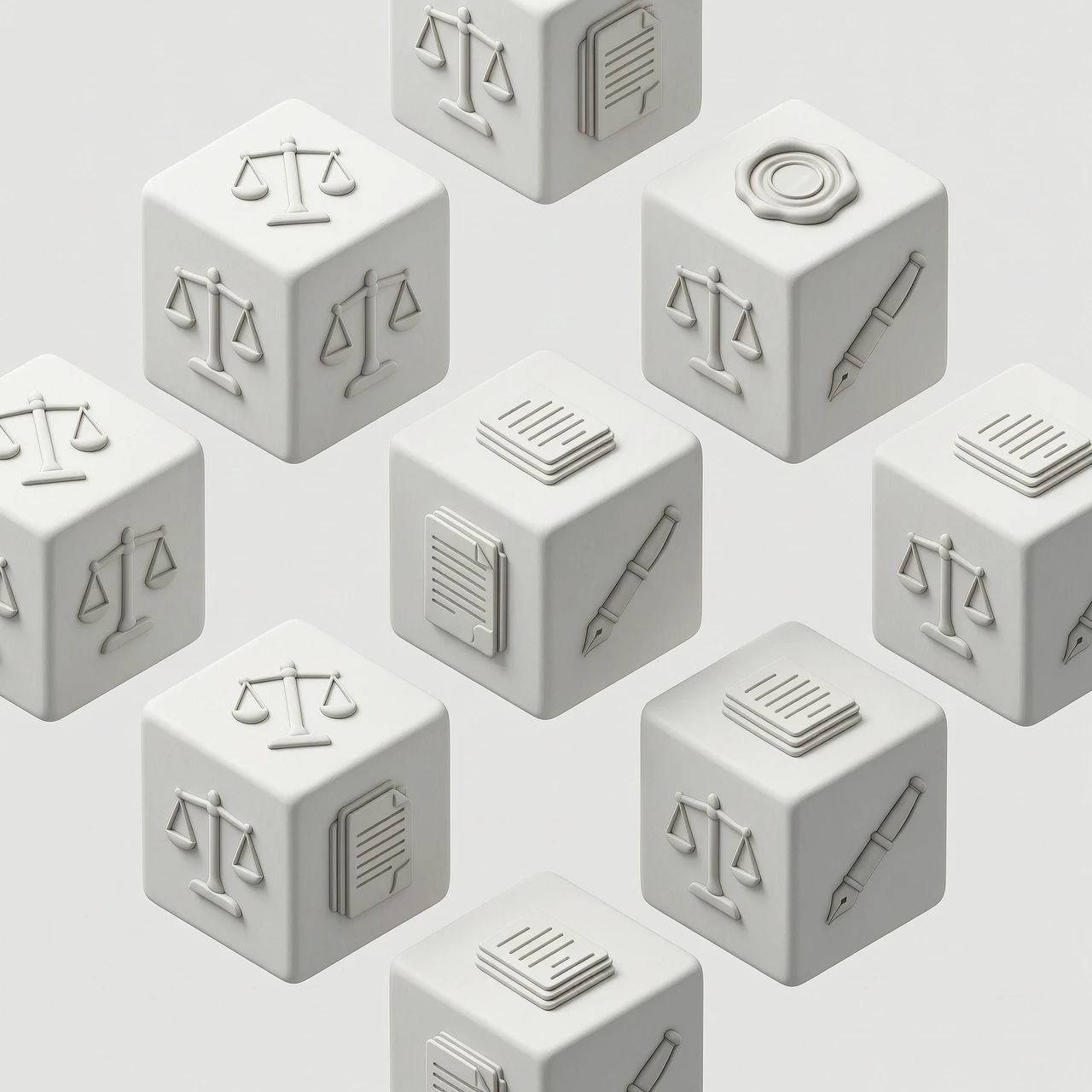 3D isometric composition of minimalist matte white cubes floating in a clean, studio space. Each cube features high-quality, embossed or debossed icons related to legal entity…