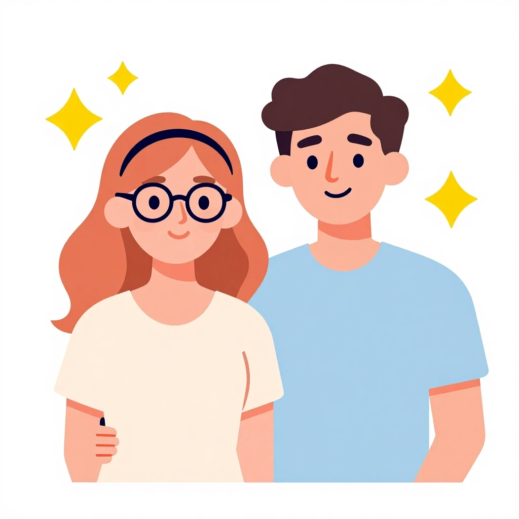Modern flat vector illustration. A couple (a man and a woman) depicted from the waist up, standing shoulder to shoulder in a relaxed and affectionate pose. The woman has wavy…