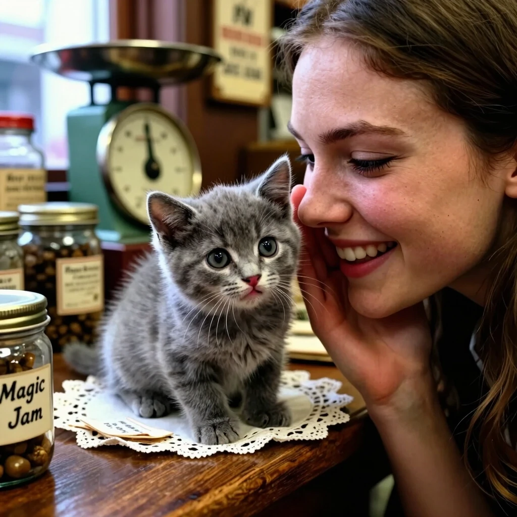 A high-detail, close-up cinematic shot from a slightly elevated angle, focusing on a polished wooden counter of a vintage general store. The frame is dominated by the expressive…