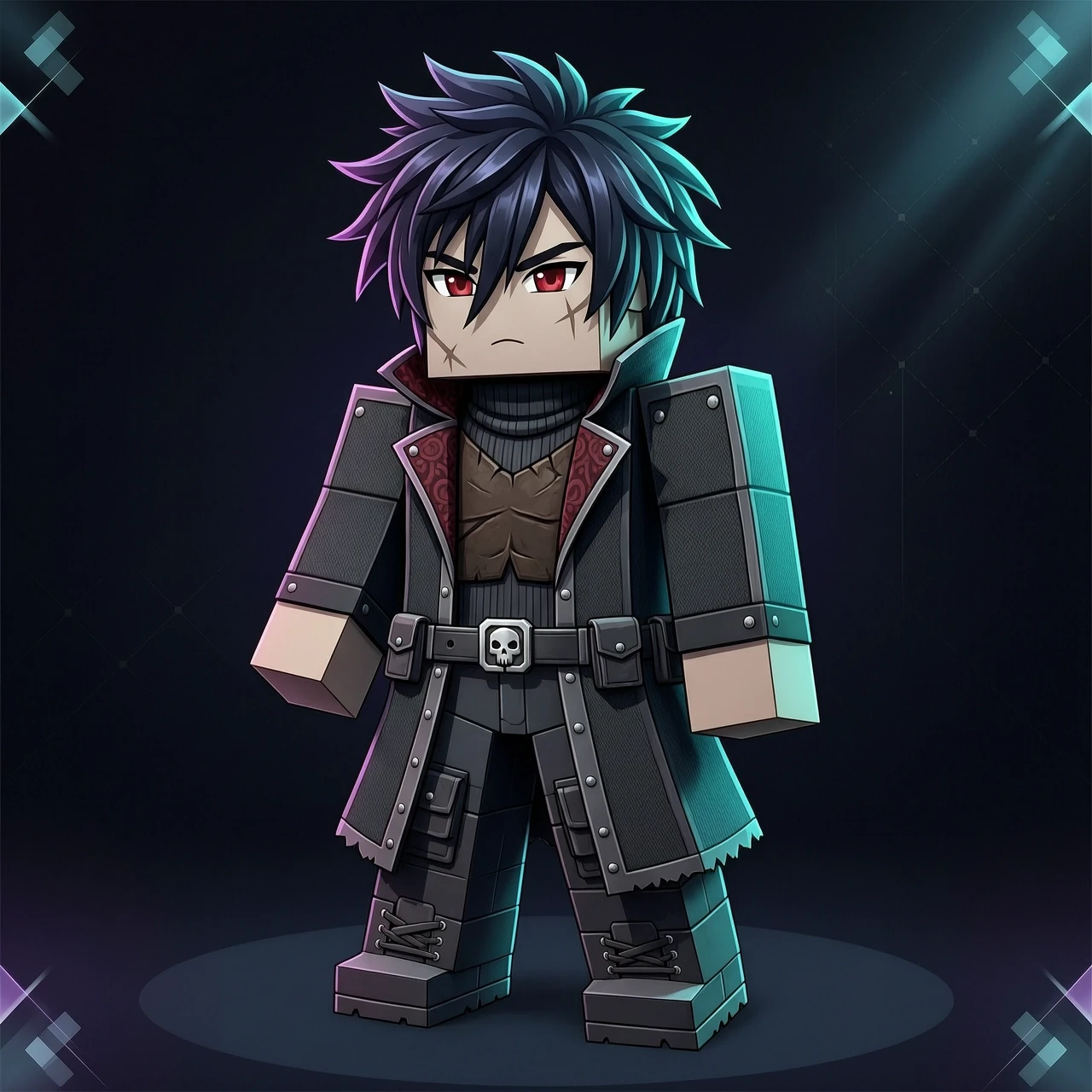 3D render of a cool Minecraft character skin, anime style hair, dark clothes, cinematic lighting, sharp focus, gaming youtube thumbnail style, clean dark background — работа…