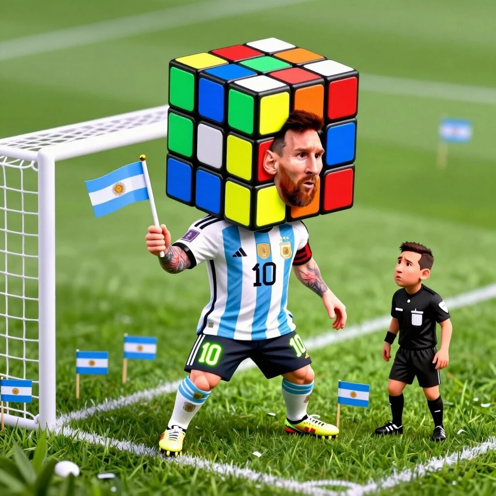 Hyper-exaggerated, grotesque caricature of Lionel Messi, instantly recognizable by his iconic low center of gravity and compact build. His body is comically shrunk to the size…
