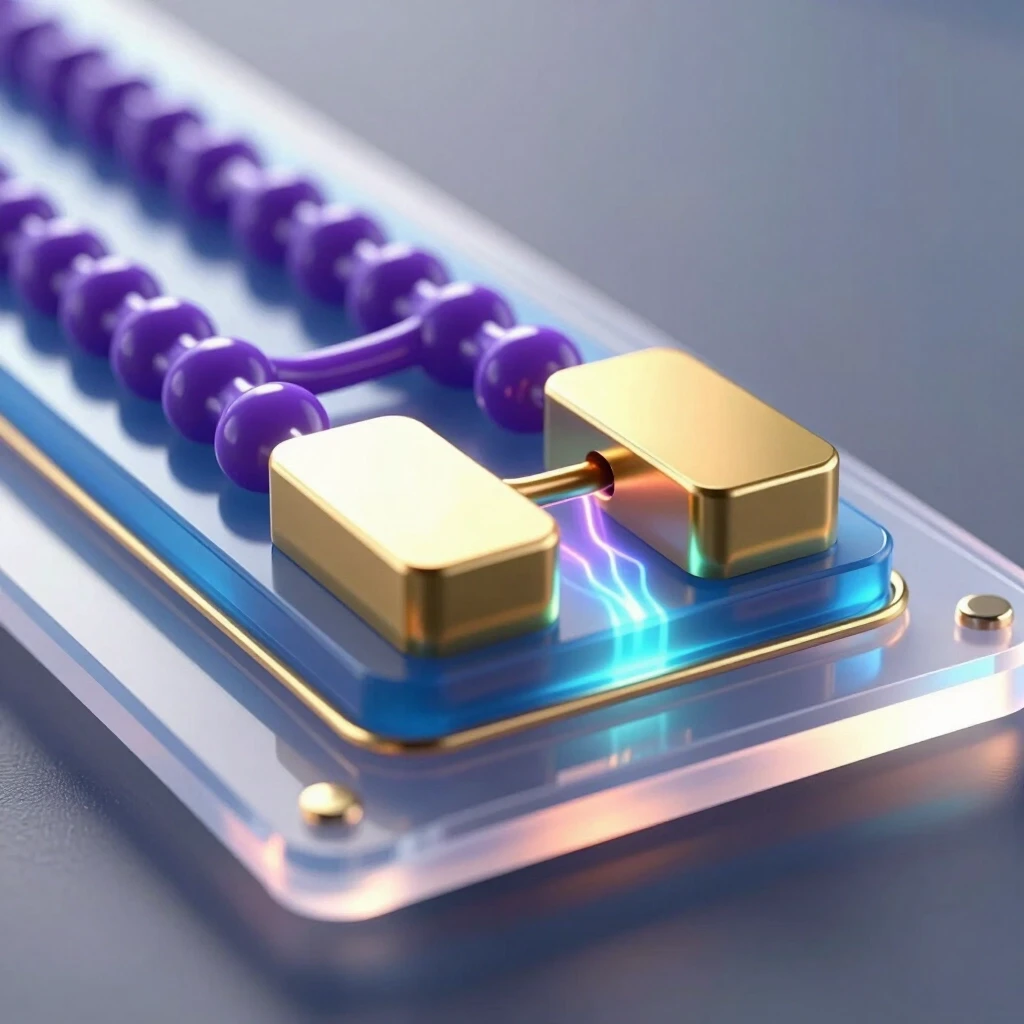 hyper-realistic scientific 3D illustration of a cross-section of an Organic Field-Effect Transistor (OFET) with a bottom-gate and top-contact architecture. Flexible transparent…