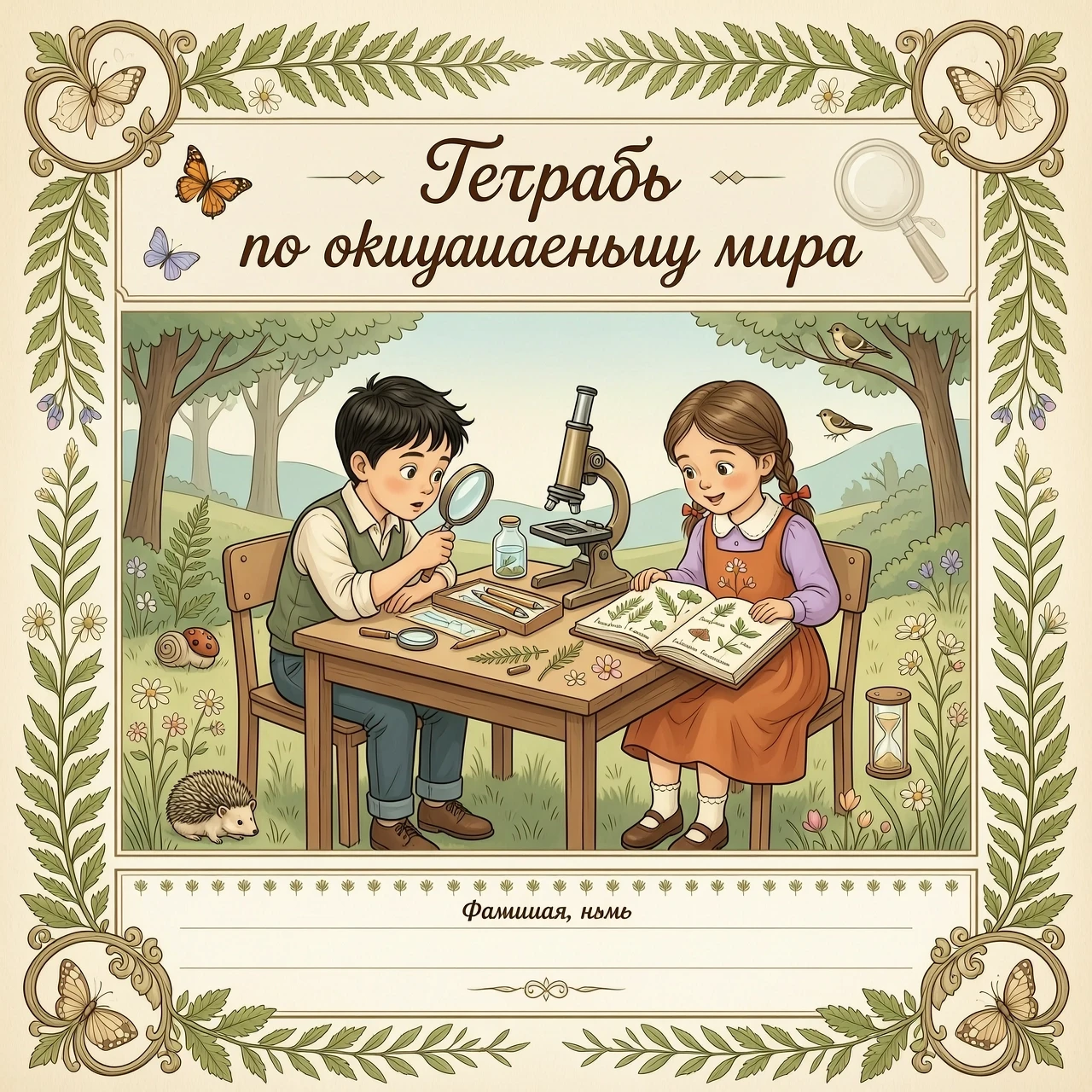 Картинка в винтажном стиле в пастельных тонах . Вокруг изображение красивой природы. Вверху картинки надпись красивым шрифтом без ошибок Тетрадь по окружающему миру . В центре…