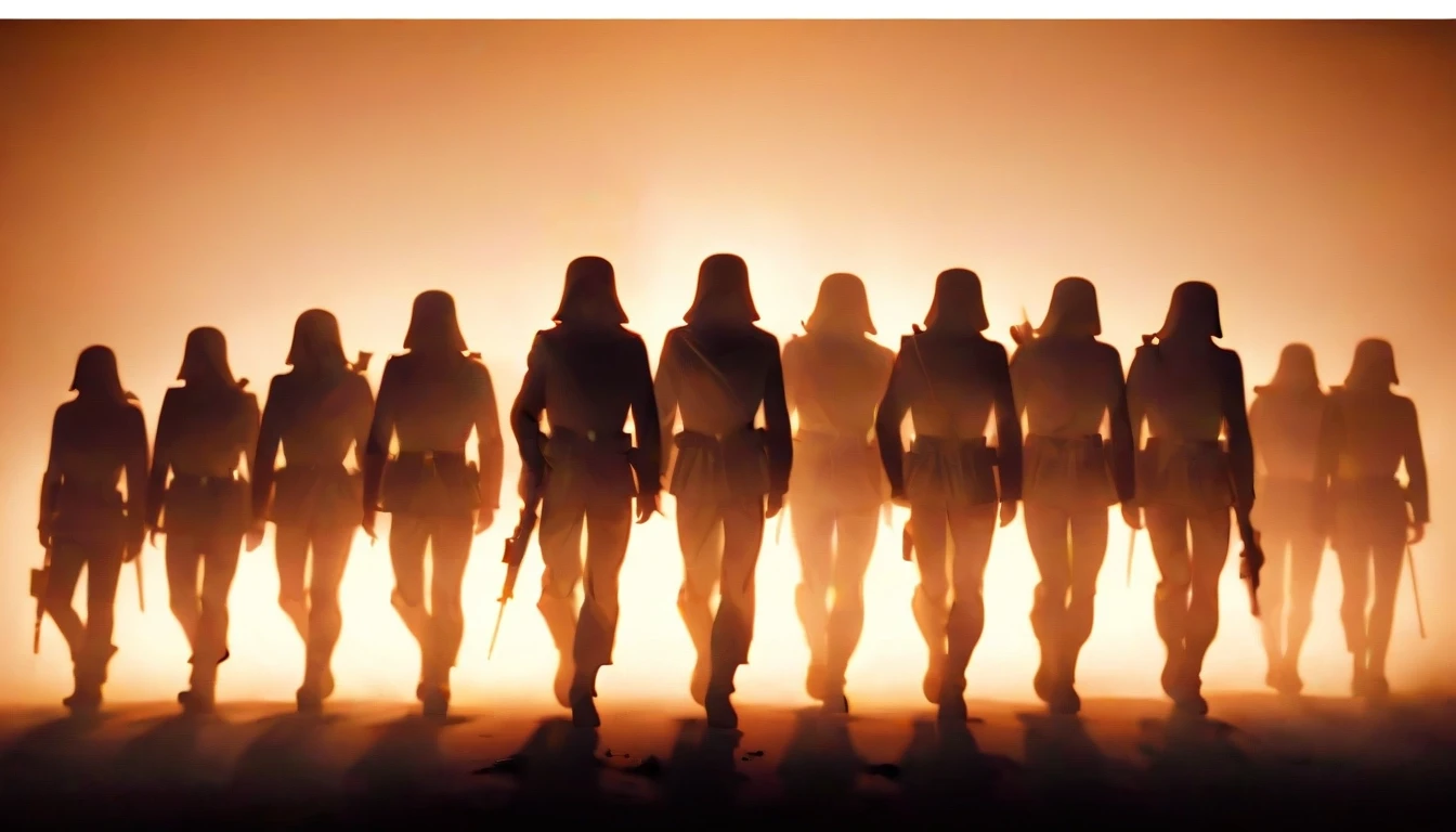 Conceptual image, phantom army silhouette of soldiers marching in fog, ghostly translucent effect, sepia tone — работа пользователя Необыкновенный Фенрир