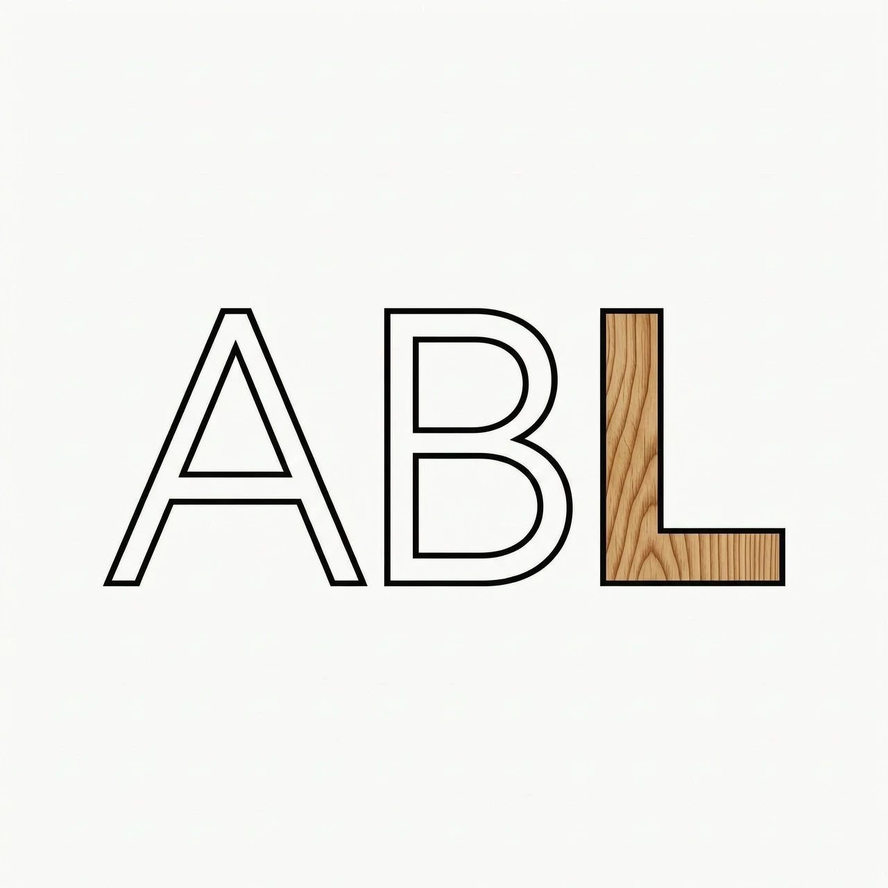 Logo for a woodworking workshop ABL. The letter L features a realistic wood grain texture (pine). The other letters are thin black outlines. White background. Style is…