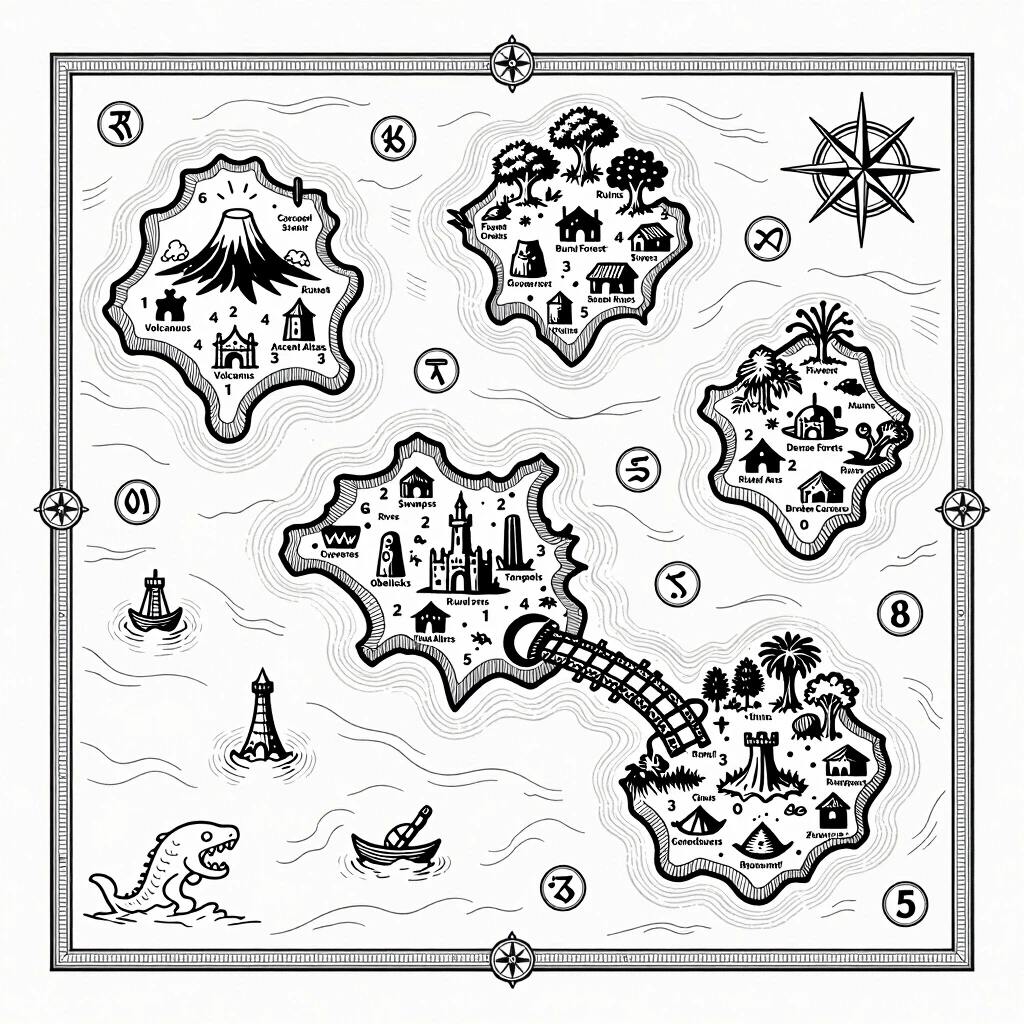 A highly detailed 2D top-down vintage dark fantasy nautical map masterpiece for laser engraving, clear ultra-thin black outlines on a pure white background, no fills, no…