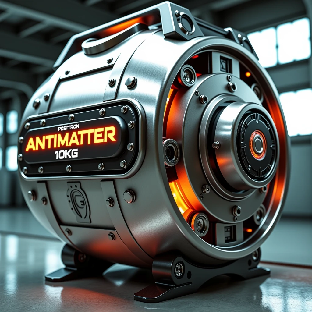 Massive high-tech cylindrical metallic container made of brushed titanium and reinforced carbon fiber, industrial sci-fi aesthetic, heavy-duty engineering design. On the sides,…