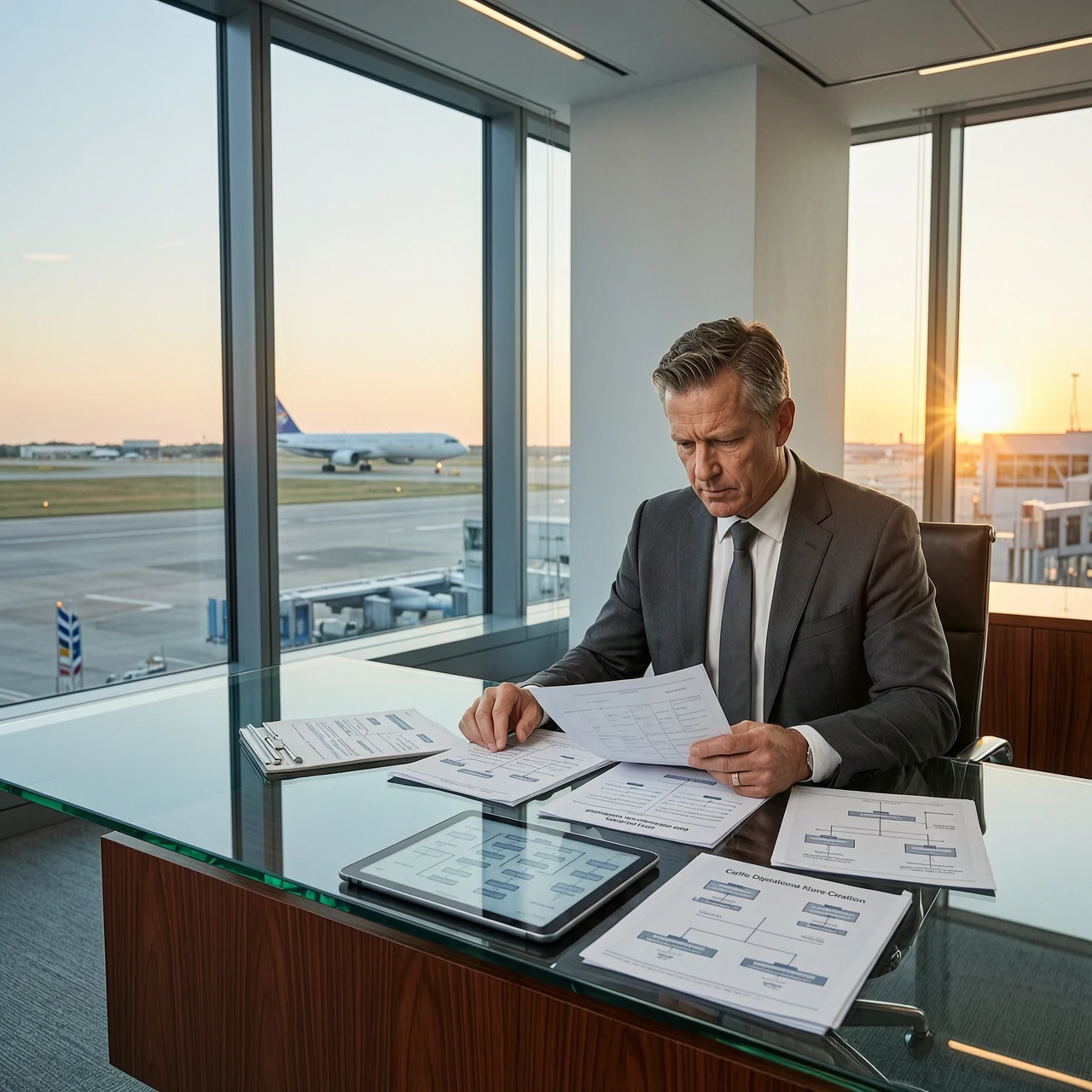Cinematic hyper-realistic wide shot, professional corporate environment. A focused certification consultant, a middle-aged man of Caucasian descent in a sharp charcoal grey…