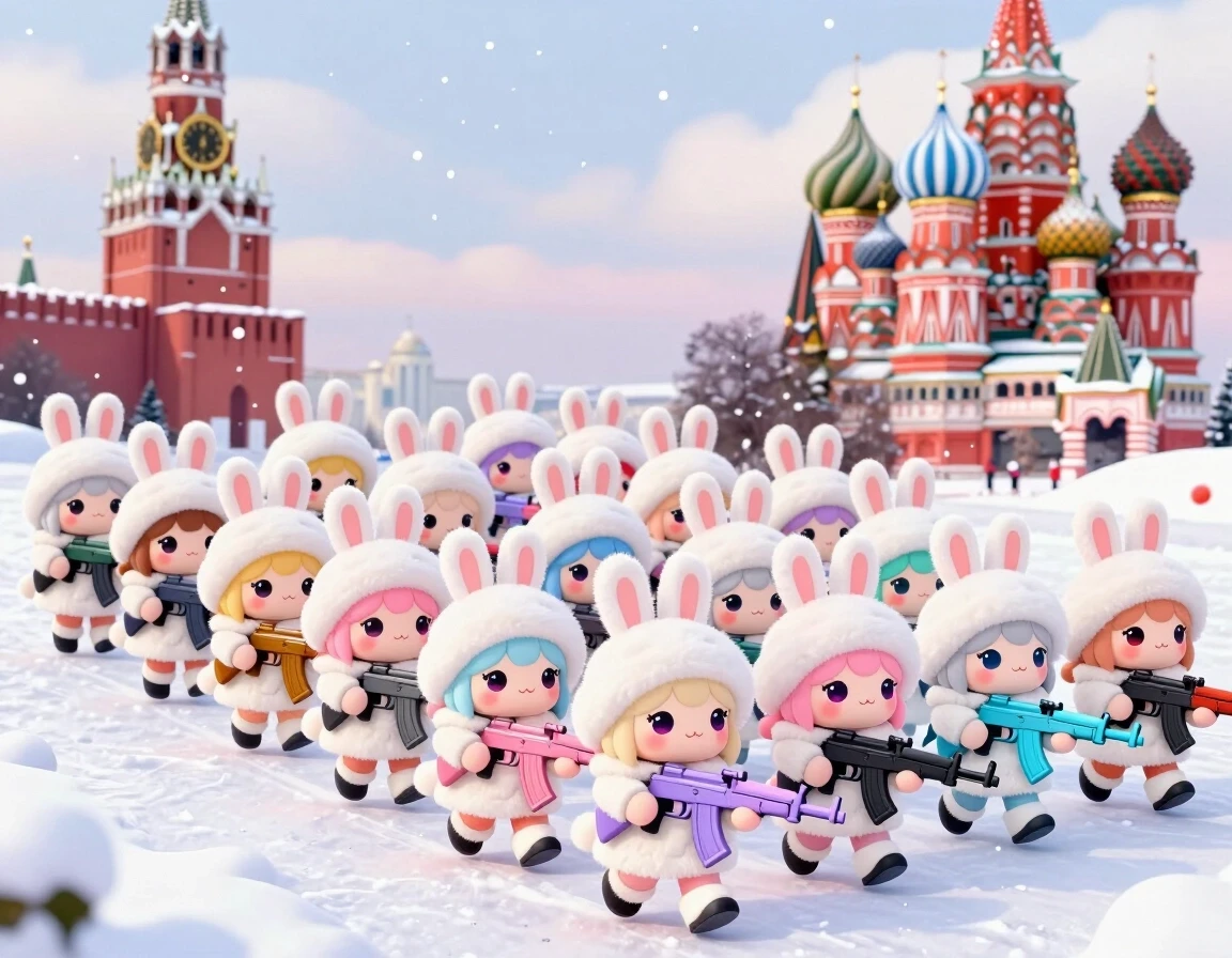 Cute kawaii chibi-style anthropomorphic bunny girls marching in dense multiple parallel rows on snowy Red Square in Moscow. Many ranks of adorable chibi rabbit girls with big…