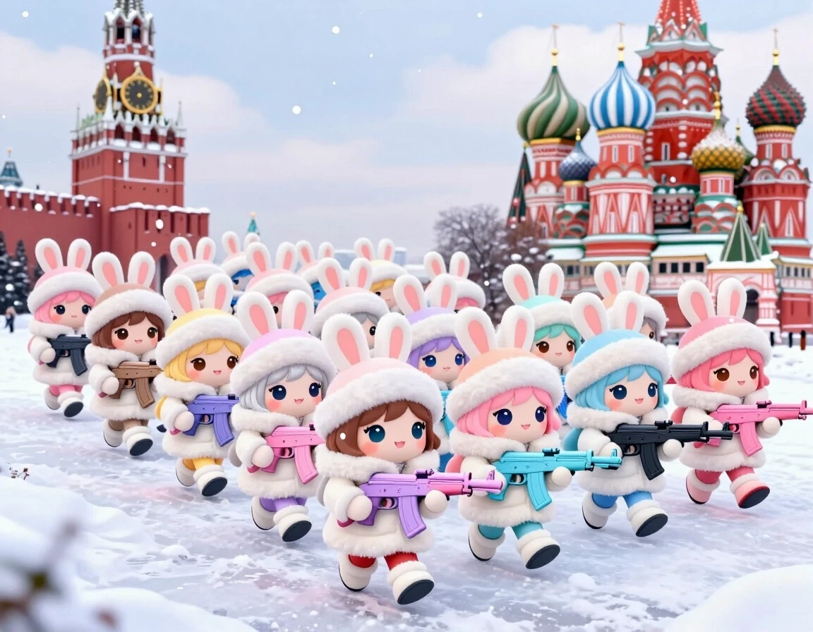 Cute kawaii chibi-style anthropomorphic bunny girls marching in dense multiple parallel rows on snowy Red Square in Moscow. Many ranks of adorable chibi rabbit girls with big…