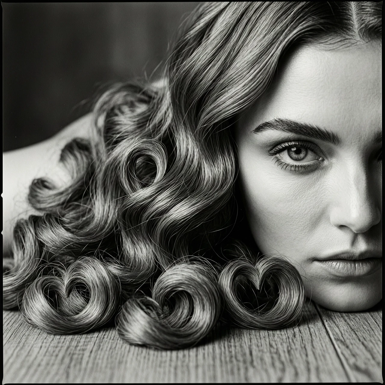 High-end fashion editorial black and white portrait, dramatic cinematic composition. A close-up shot of a young woman lying on the floor, where only half of her face is visible.…