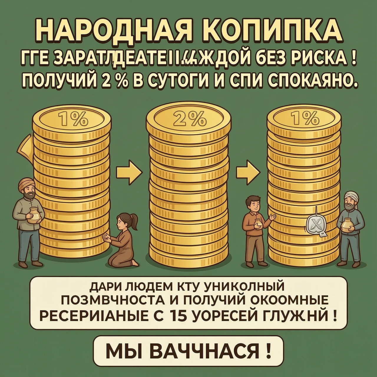 Народная копилка где зарабатывает каждый без риска ! Получай 2 % в сутки и спи спокойно. Дари людям эту уникальную возможность и получай огромные реферальные с 15 уровней…