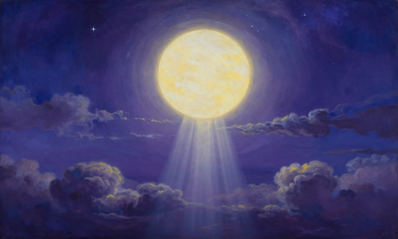 This is a breathtaking, surreal landscape painting that masterfully blends elements of day and night. Dominating the upper half of the composition is a vast, star-studded sky,…