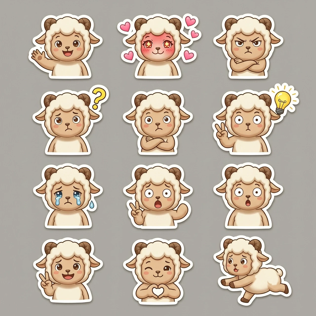 Sticker pack sheet of a cute lamb character, 3D cartoon style, high-quality render, C4D, Octane Render. The character has a brown horns. The set includes multiple individual…