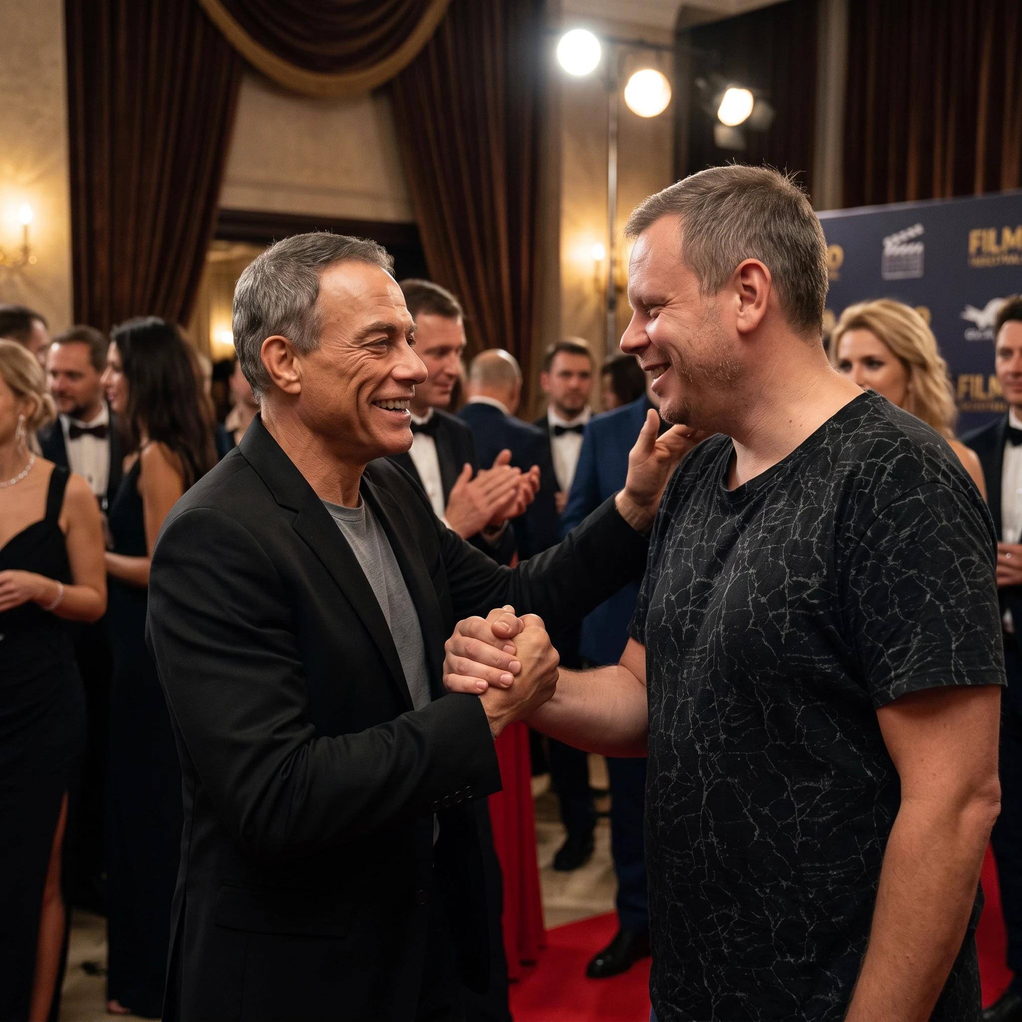 Me, a photo from the reference, and Jean-Claude Van Damme greet each other and smile,photorealistic, movie still style, epic wide shot, ultra-detailed, realistic — работа…