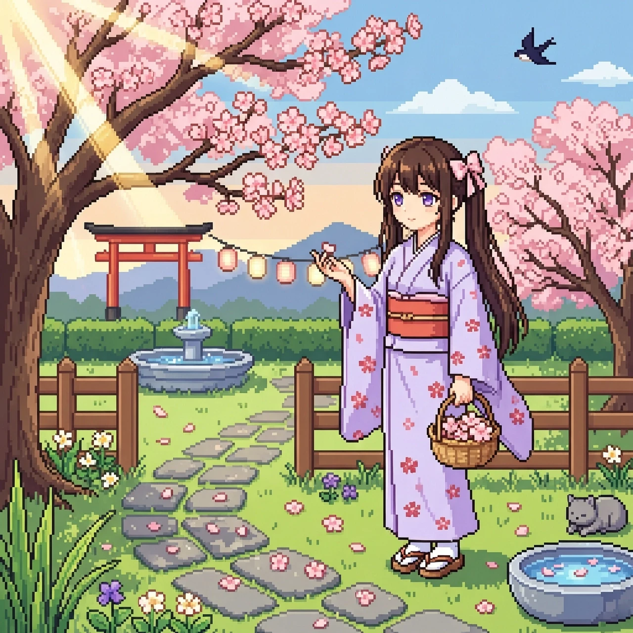 32-bit pixel art, anime girl, lush garden, cherry blossoms, detailed background, vibrant colors, serene atmosphere — работа пользователя Изящная Дриада