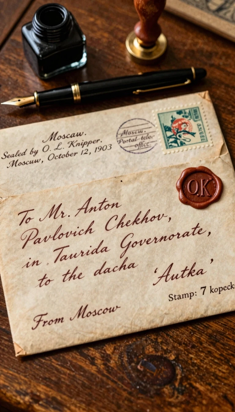 Vintage envelope, 1903 style, close-up, 3/4 angle. On a dark wooden desk with an antique fountain pen, inkwell, and a piece of sealing wax nearby. Warm lamp light, soft…