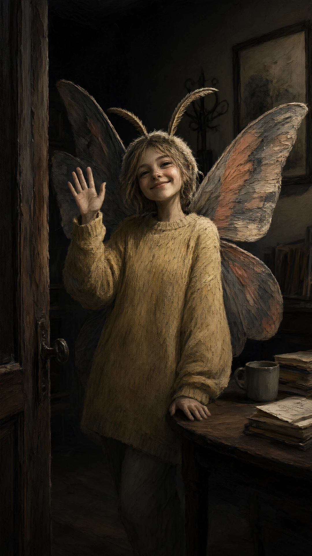 masterpiece, very aesthetic, 1girl, solo, dynamic angle, no lineart, mixed media, limited palette, muted colors, high contrast, tenebrism, a moth girl greeting the viewer warmly…