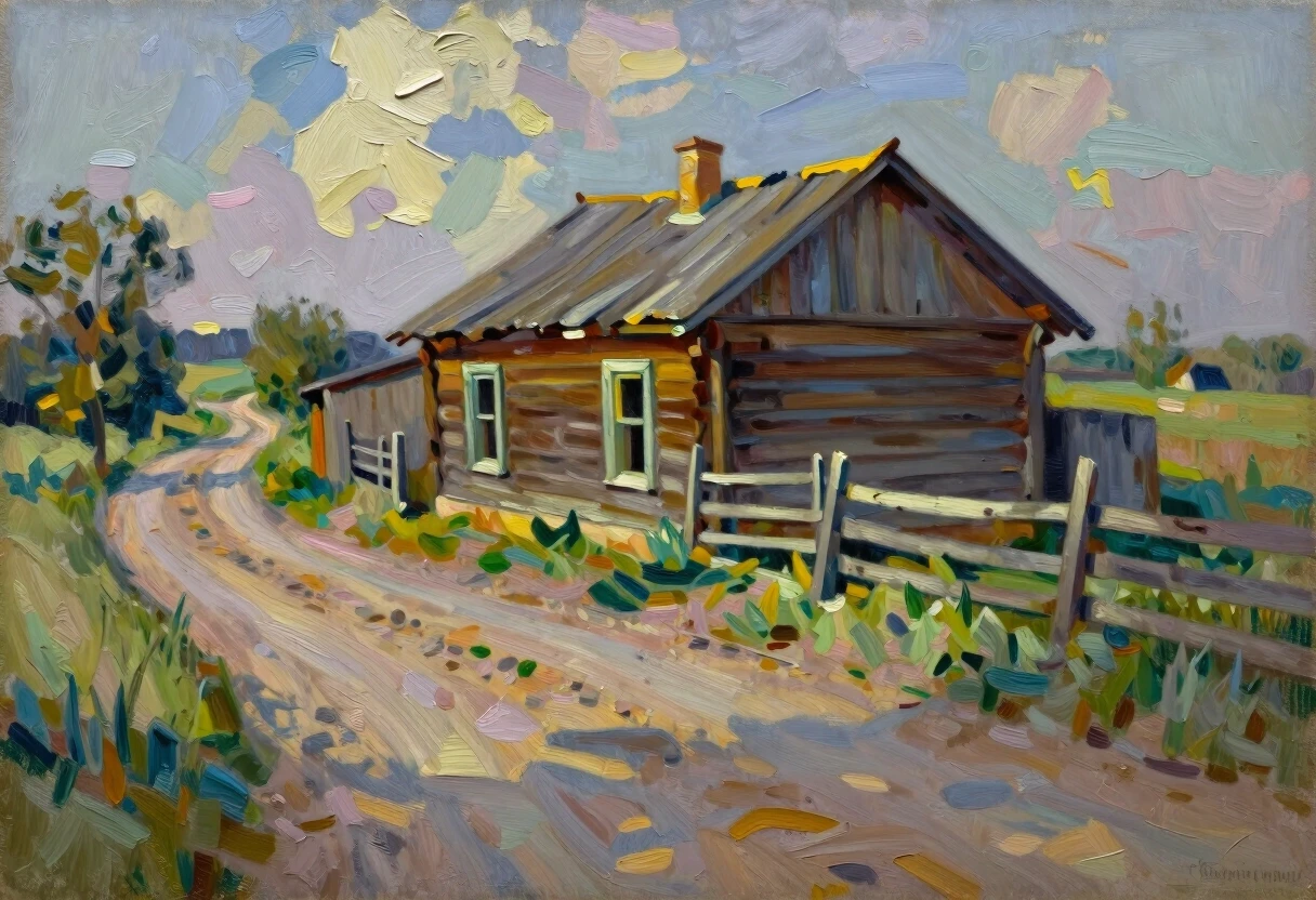 impressionist painting a modest rural plot. The sun-warmed wood of an old house - rickety from time to time; The road passing by is a dirt road, worn out by recent rains, but…