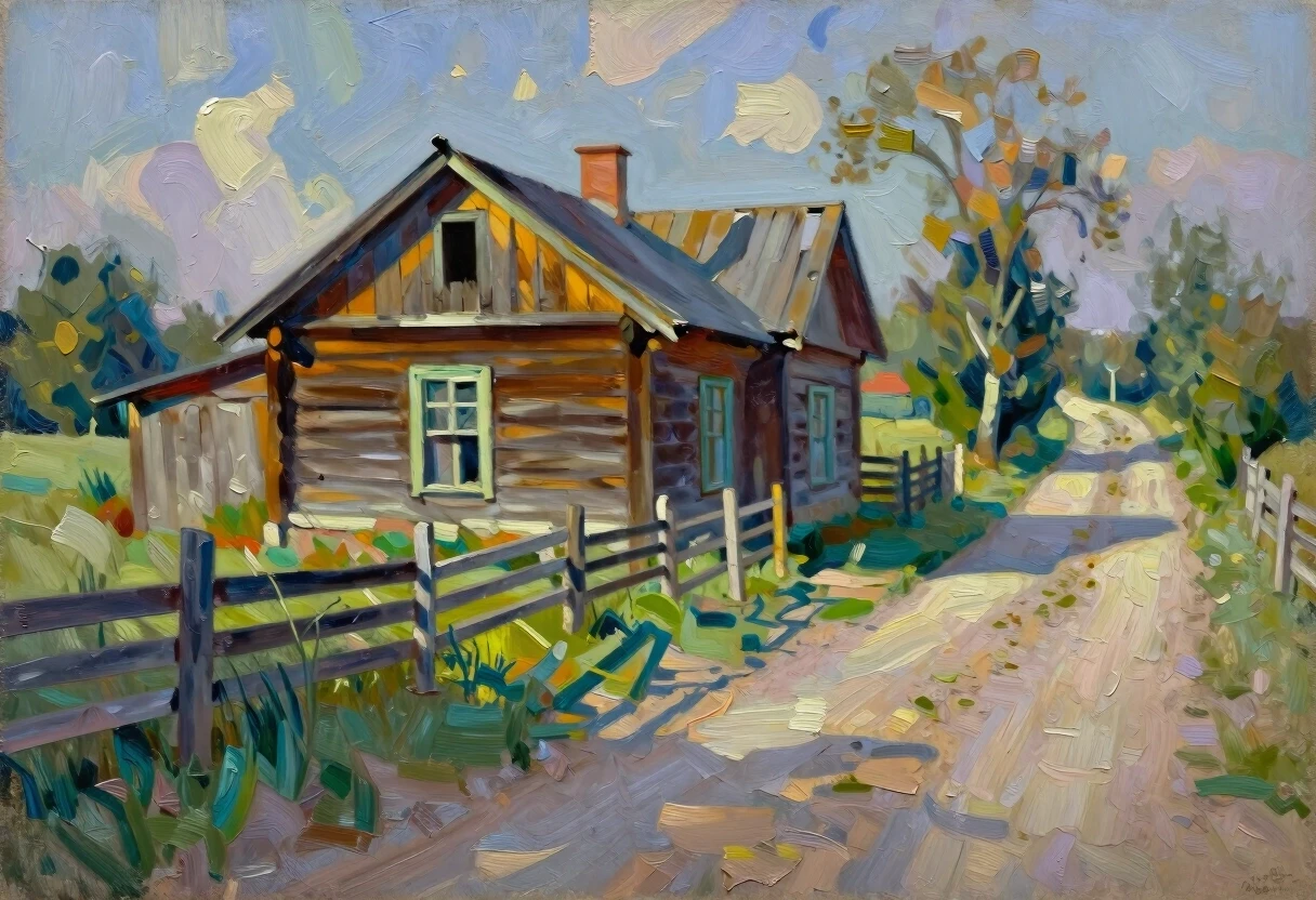 impressionist painting a modest rural plot. The sun-warmed wood of an old house - rickety from time to time; The road passing by is a dirt road, worn out by recent rains, but…