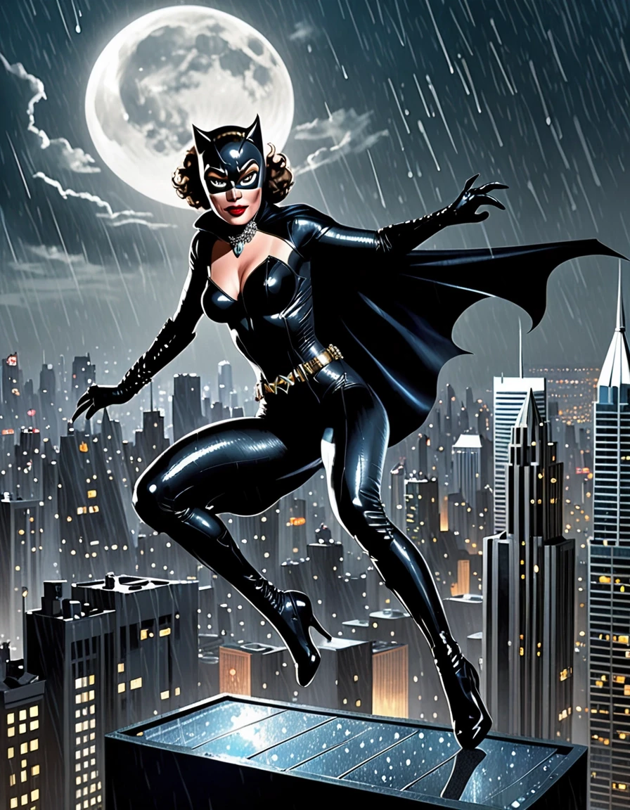Dynamic nighttime scene: Selina Kyle as Catwoman makes a breathtaking leap between two skyscrapers. In one hand she carries a small case containing stolen jewels, while a sleek…