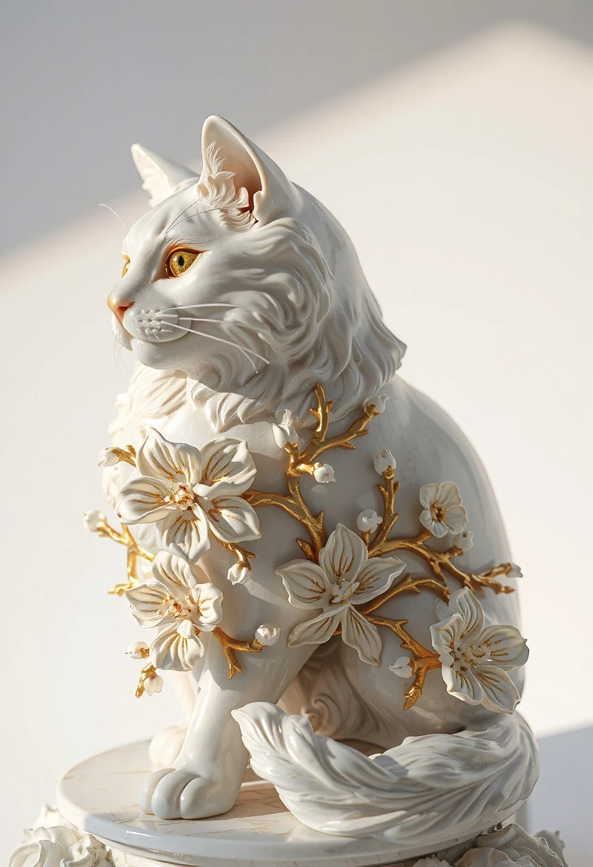 Digital image in Baroque and rocaille style with elements of kintsugi technique. Close-up. (Decorative sculpture made of white porcelain: 1.5). Golden cracks. Volume. The…